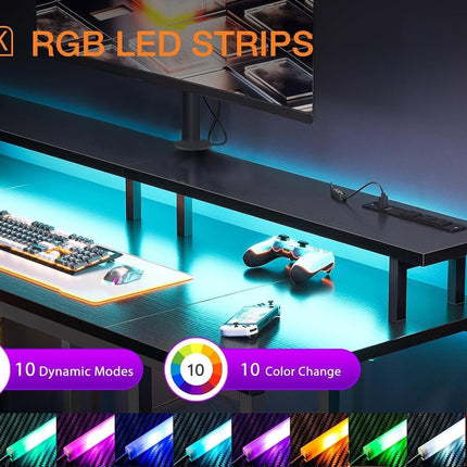 55 Inch Gaming Desk with LED Lights & Power Outlets, Computer Desk with Monitor Stand & Storage Shelves, CPU Stand, Home Office Desk, Black-3