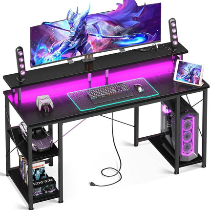 55 Inch Gaming Desk with LED Lights & Power Outlets, Computer Desk with Monitor Stand & Storage Shelves, CPU Stand, Home Office Desk, Black-0