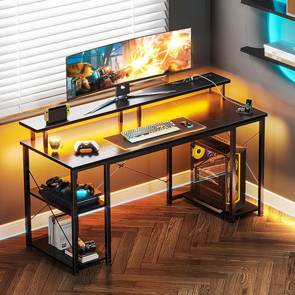 55 Inch Gaming Desk with LED Lights & Power Outlets, Computer Desk with Monitor Stand & Storage Shelves, CPU Stand, Home Office Desk, Black-1