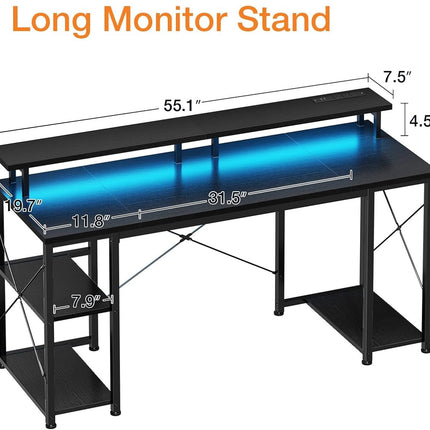 55 Inch Gaming Desk with LED Lights & Power Outlets, Computer Desk with Monitor Stand & Storage Shelves, CPU Stand, Home Office Desk, Black-2