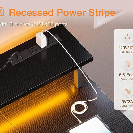 55 Inch Gaming Desk with LED Lights & Power Outlets, Computer Desk with Monitor Stand & Storage Shelves, CPU Stand, Home Office Desk, Black-4