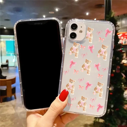 Pink Bow Cute Bear Aesthetic Transparent Phone Case for iPhone 17 16 11 XR 13 15 14 12 Pro Max XS XR X 7 8 16 Plus 17 Air Cover