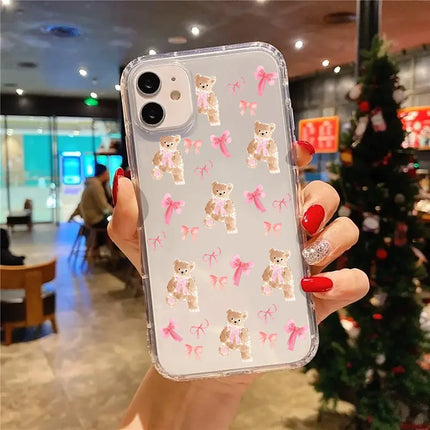 Pink Bow Cute Bear Aesthetic Transparent Phone Case for iPhone 17 16 11 XR 13 15 14 12 Pro Max XS XR X 7 8 16 Plus 17 Air Cover