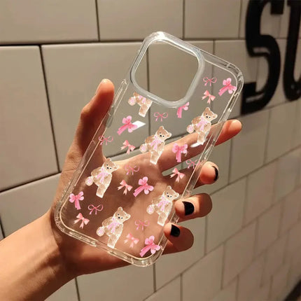 Pink Bow Cute Bear Aesthetic Transparent Phone Case for iPhone 17 16 11 XR 13 15 14 12 Pro Max XS XR X 7 8 16 Plus 17 Air Cover