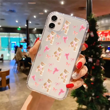 Pink Bow Cute Bear Aesthetic Transparent Phone Case for iPhone 17 16 11 XR 13 15 14 12 Pro Max XS XR X 7 8 16 Plus 17 Air Cover