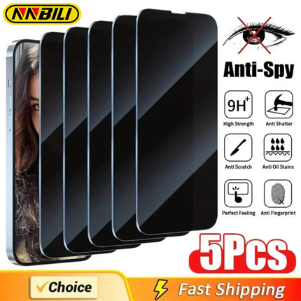 NNBILI 5Pcs Full Cover Privacy Screen Protector For iPhone 16 11 12 13 14 15 Pro Max Mini 8K Anti-spy Glass For iPhone XR XS MAX
