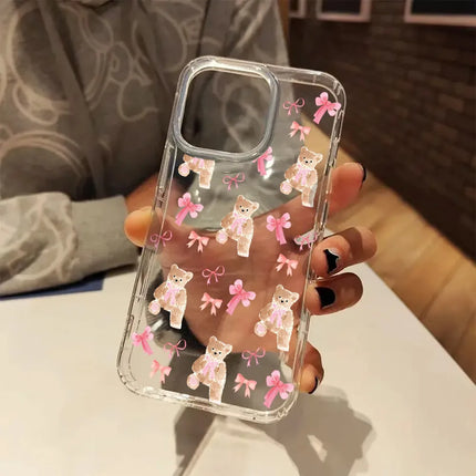 Pink Bow Cute Bear Aesthetic Transparent Phone Case for iPhone 17 16 11 XR 13 15 14 12 Pro Max XS XR X 7 8 16 Plus 17 Air Cover