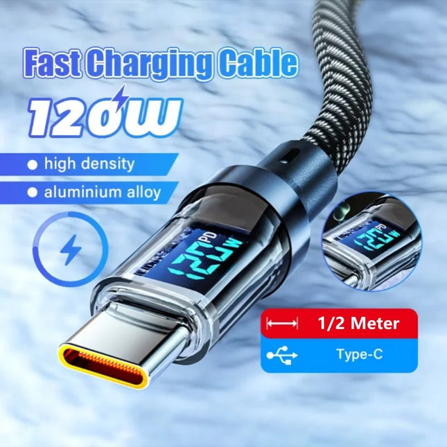 6A USB Type C Cable PD Cable Fast Charging 120W LED Digital Display Nylon Data Cord for iPhone Xiaomi Samsung USB C Charge Cable