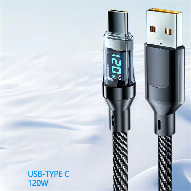 6A USB Type C Cable PD Cable Fast Charging 120W LED Digital Display Nylon Data Cord for iPhone Xiaomi Samsung USB C Charge Cable