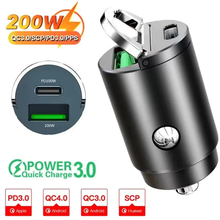 2025 Mini 100W PD QC Pull Ring Fast Charging Car Charger USB C Car Phone Charger Adapter For iPhone Xiaomi Samsung Huawei