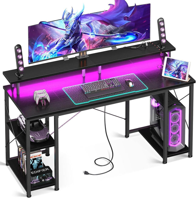 55 Inch Gaming Desk with LED Lights & Power Outlets, Computer Desk with Monitor Stand & Storage Shelves, CPU Stand, Home Office Desk, Black-0