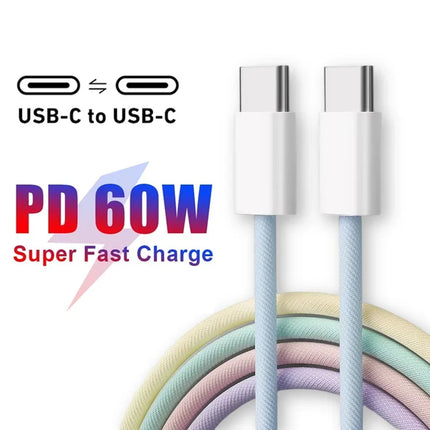 60W PD USB-C To Type C Cable for IPhone 15 16 Pro Fast Charging Wire for Huawei Xiaomi Samsung Colorful Weaving Data Cable Line